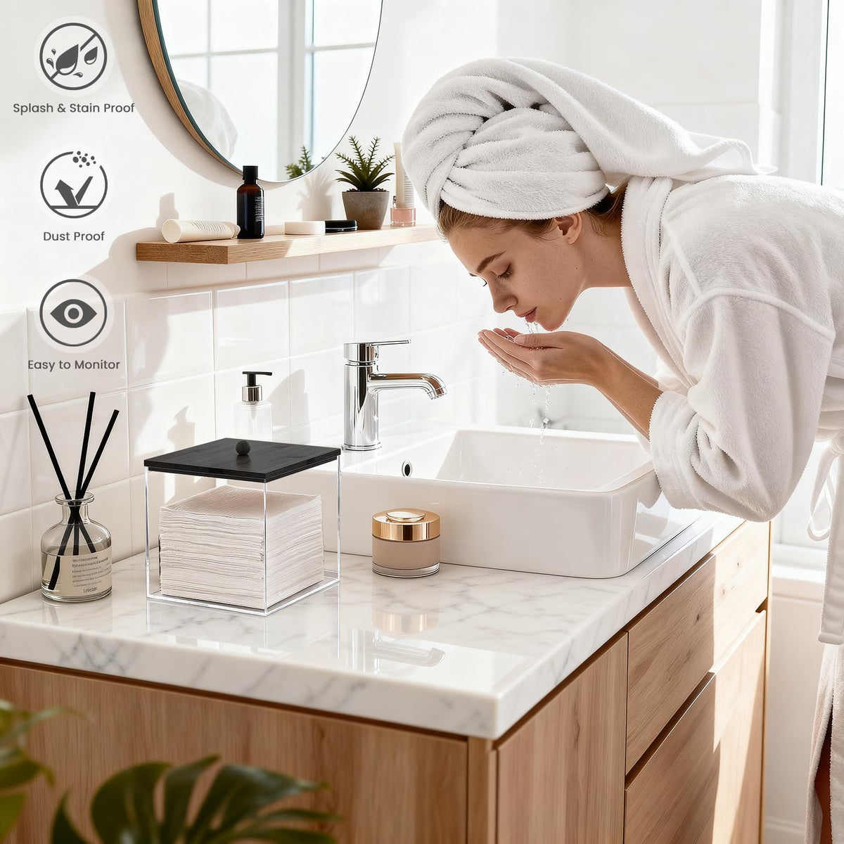Puricon natural wood lid close-up, durable moisture-resistant finish.