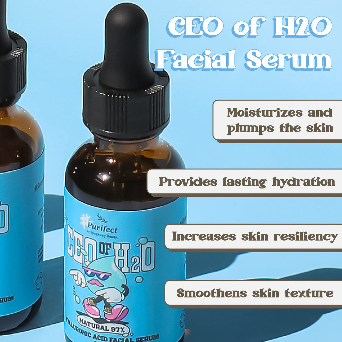 Purifect H20 serum dropper ready for quick, lightweight hydration.