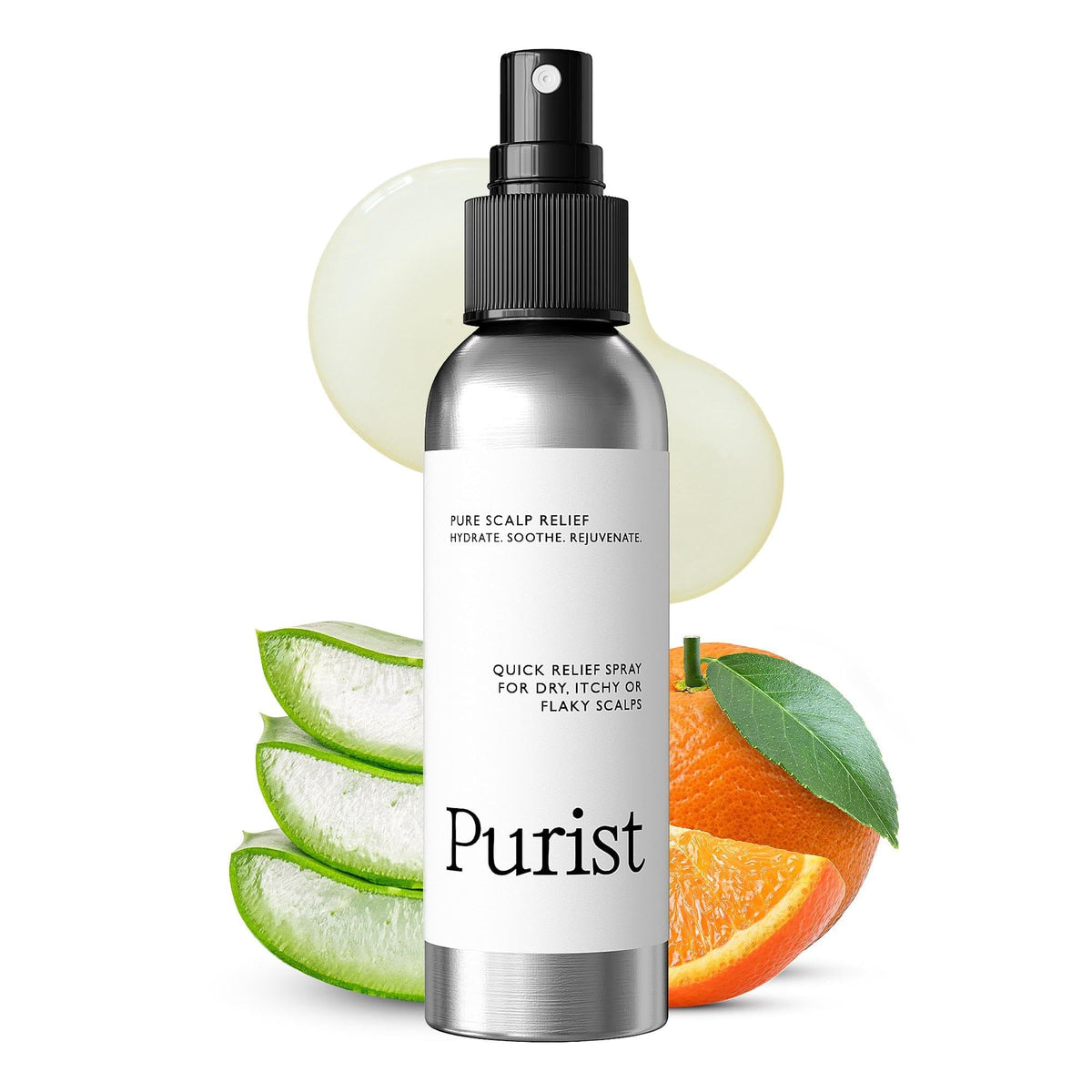 Purist Dandruff Spray bottle front view, showcasing clean packaging for scalp hydration.