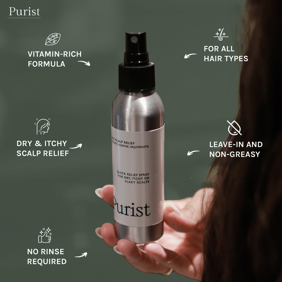 Purist Dandruff Spray cap design emphasizing easy control for precise application.
