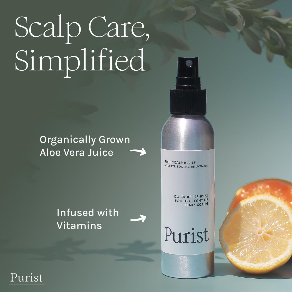 Purist Dandruff Spray mist dispense demonstrating convenient leave-in application for itch relief.