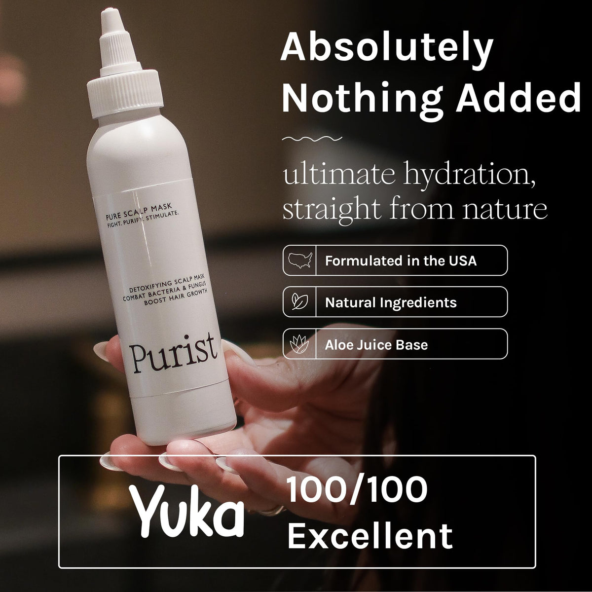 Purist Scalp Mask packaging visual showcasing sleek bottle design.