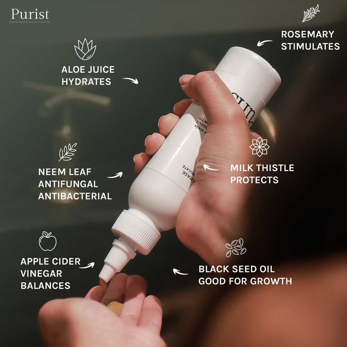 Purist Scalp Mask pH-balancing visual with apple cider vinegar for cleaner scalp.