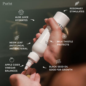Purist Scalp Mask pH-balancing visual with apple cider vinegar for cleaner scalp.