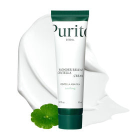 Purito Centella Cream jar closeup highlights rich texture for soothing the skin.