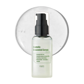 Purito Centella Unscented Serum bottle front; soothing fragrance free skincare for irritated skin.