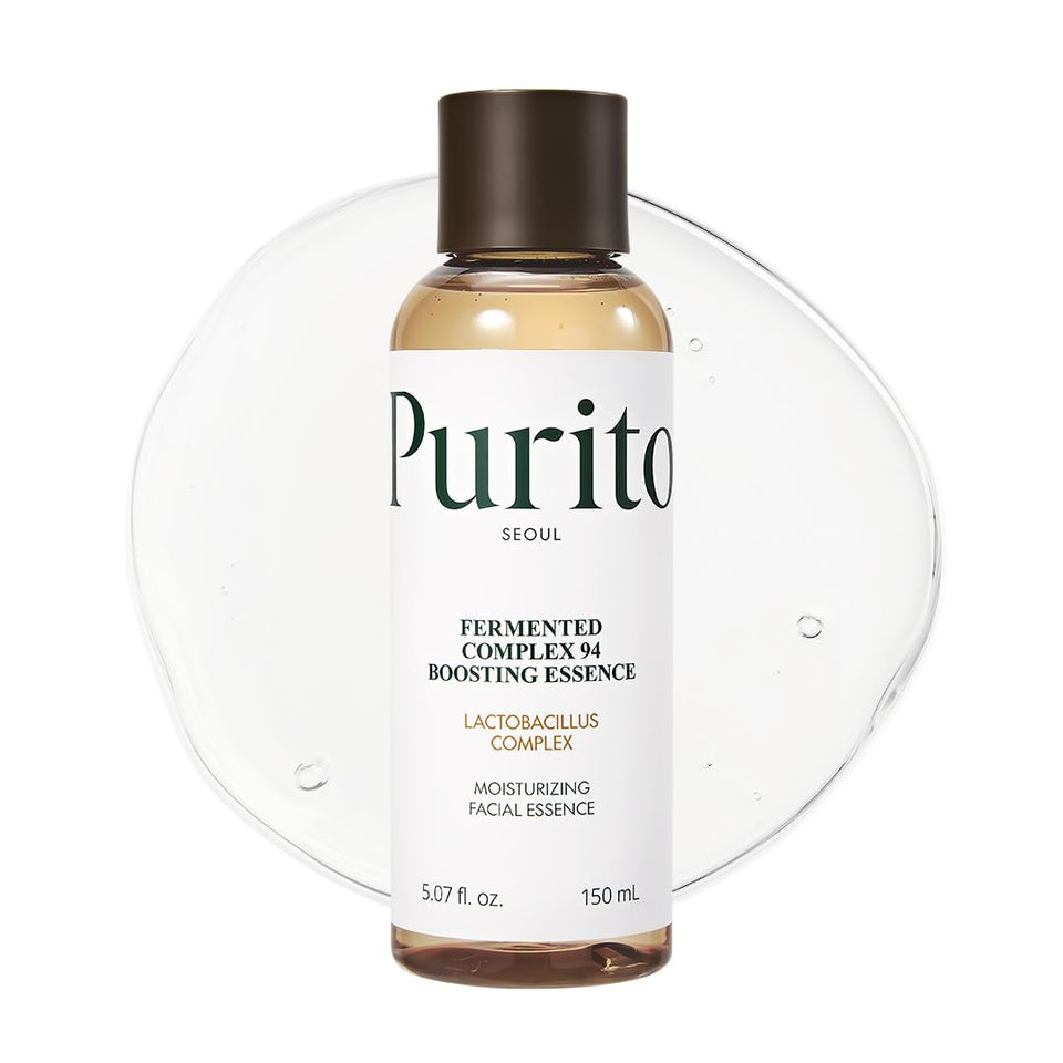 PURITO Fermented Complex 94 essence bottle on tray promoting hydration