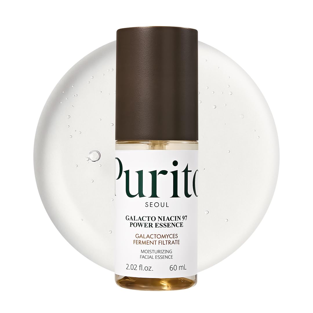 PURITO Galacto Niacin 97 Power Essence bottle shows fermented filtrate for smoother skin.