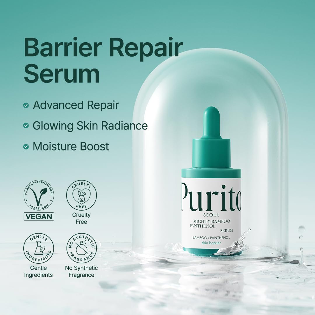 PURITO Mighty Bamboo Panthenol Serum pump dispenser demonstrating fast absorption