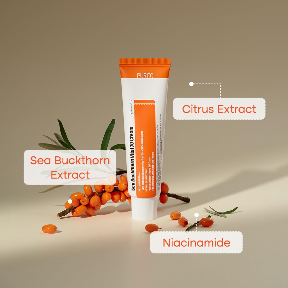 Purito Sea Buckthorn Vital 70 Cream niacinamide promotes even tone.