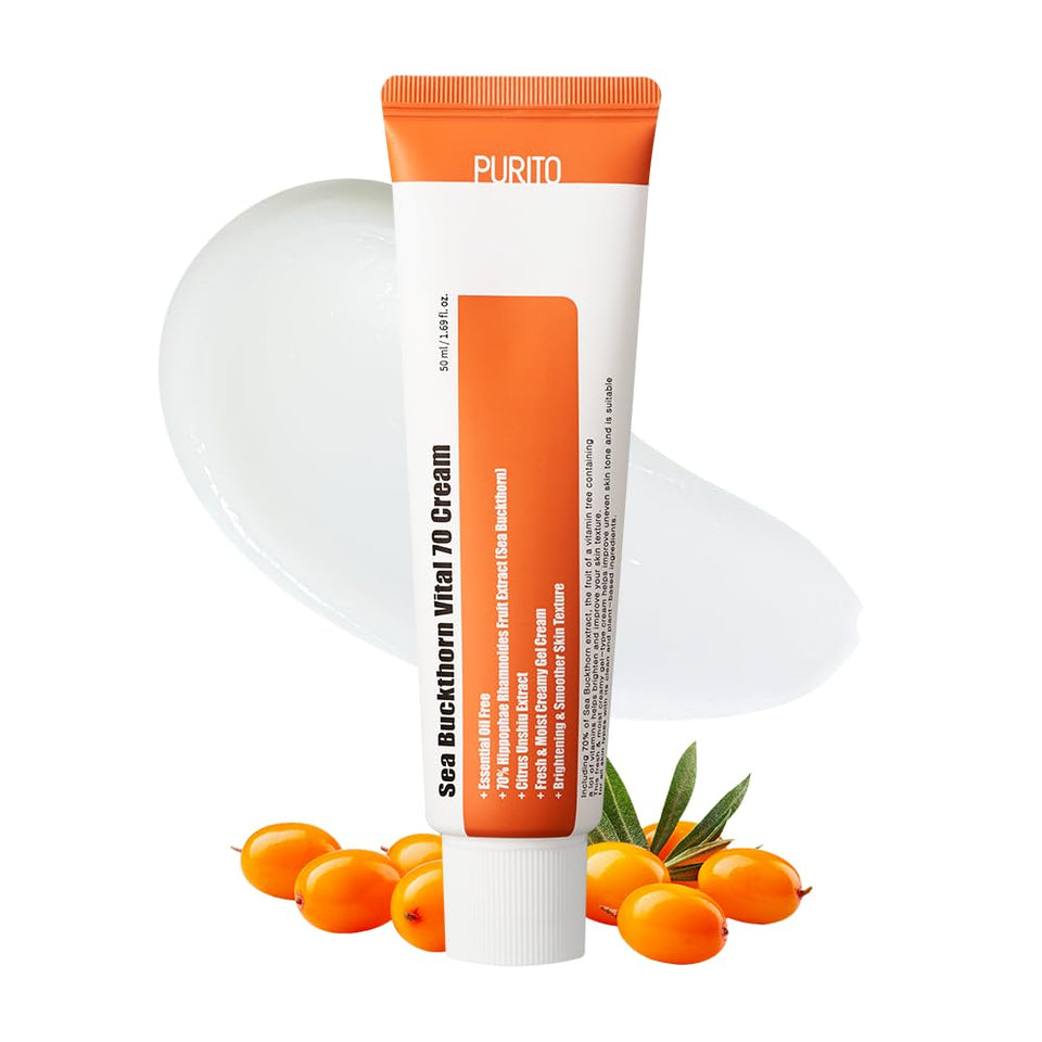 Purito Sea Buckthorn Vital 70 Cream packaging highlights premium hydration.