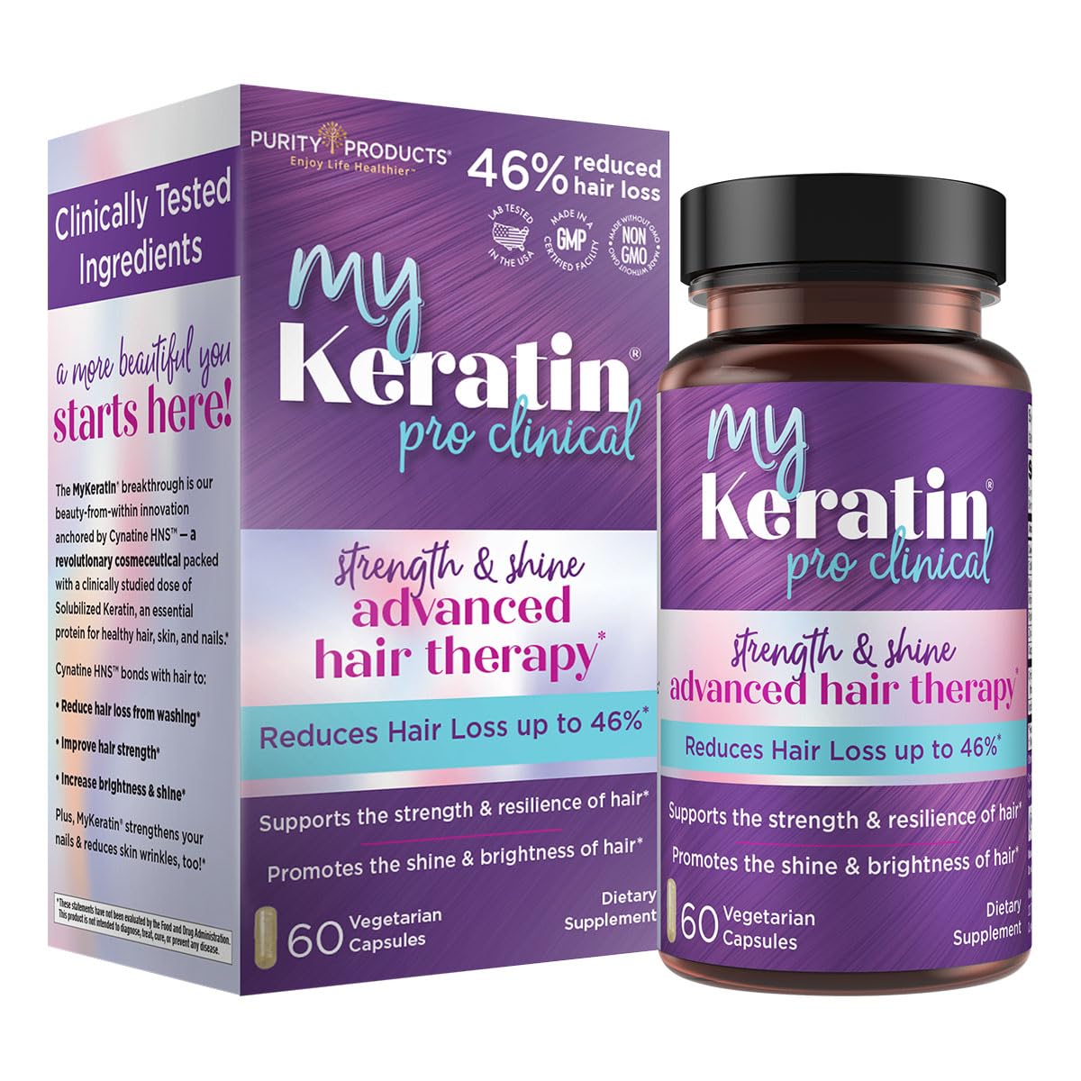 Purity Products MyKeratin ProClinical bottle displays its advanced keratin formula for stronger, shinier hair.