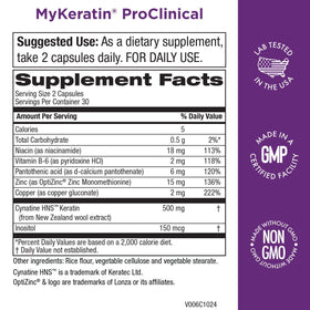 Purity Products MyKeratin ProClinical capsules are shown, suggesting daily use may support hair resilience and glow.