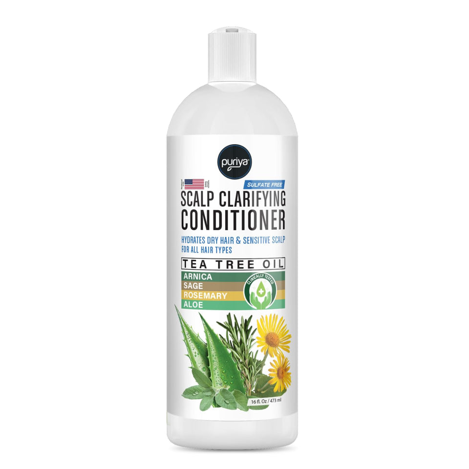 Puriya sulfate-free hair conditioner bottle being poured for hydration.