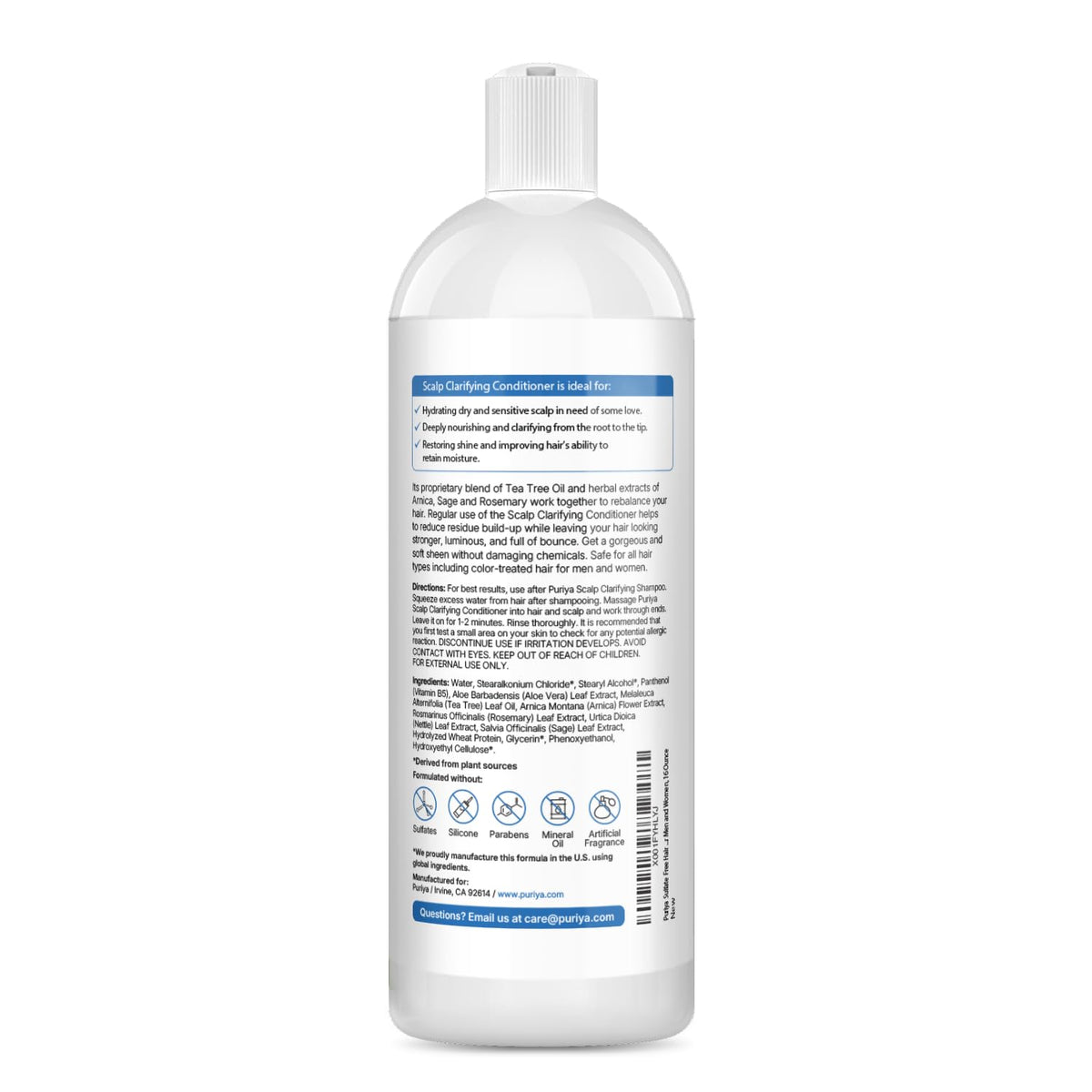 Puriya sulfate-free conditioner label close-up shows plant-based formula.