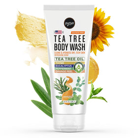 Puriya Tea Tree Body Wash bottle pour offers gentle cleansing for sensitive skin.