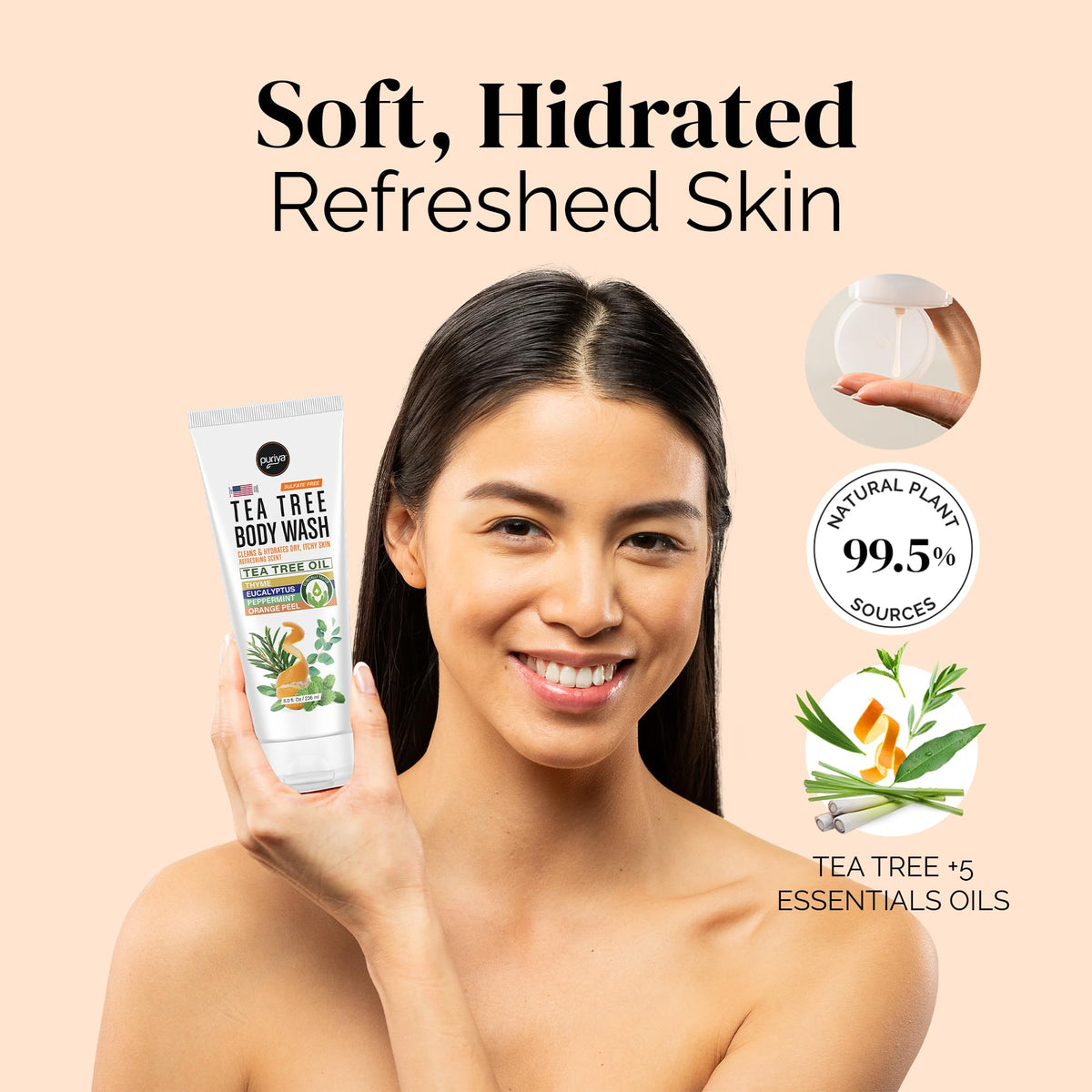 Puriya Tea Tree Body Wash vegan, paraben-free care in clear packaging.