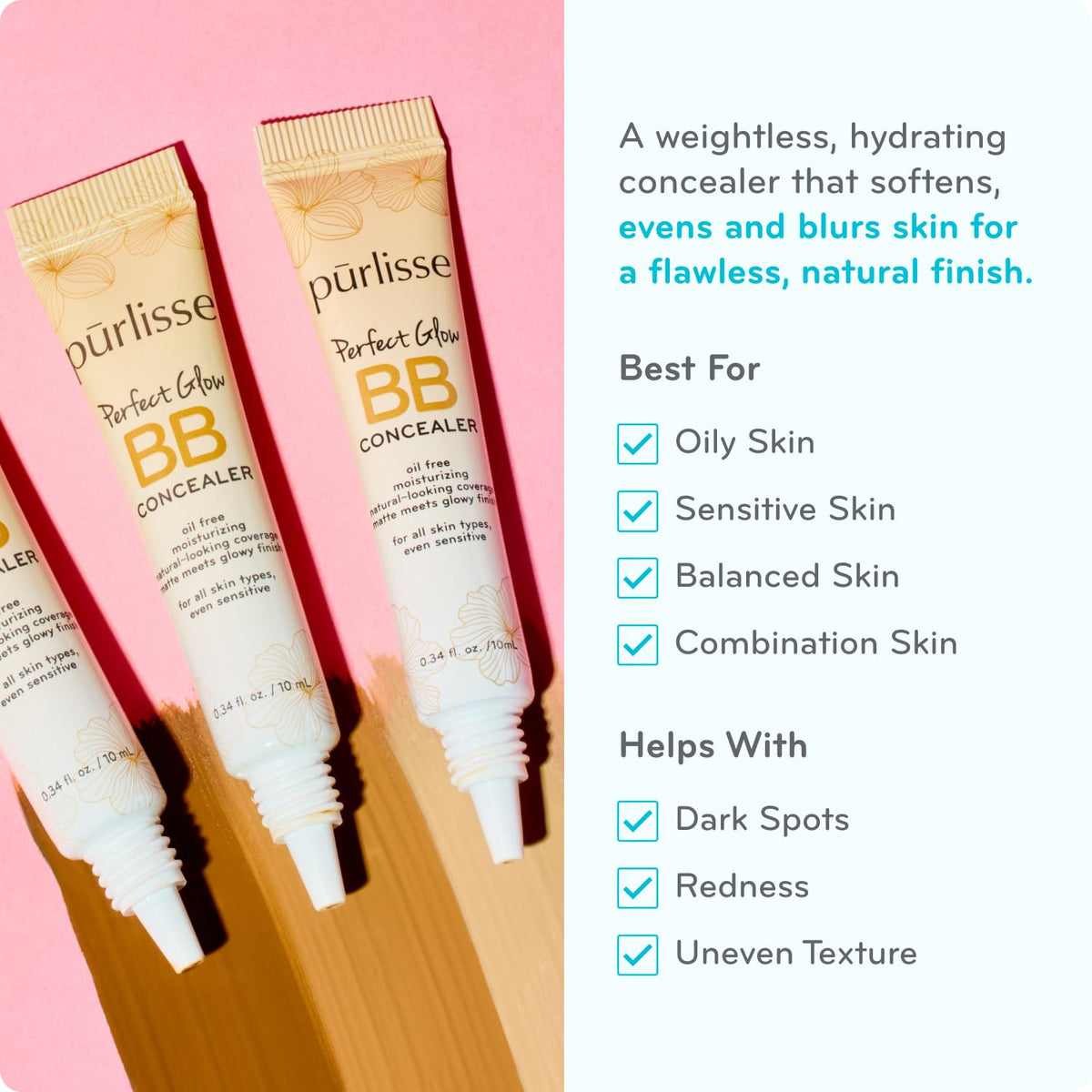 Purlisse Perfect Glow BB Cream Concealer swirl texture shows lightweight blend for under-eye coverage