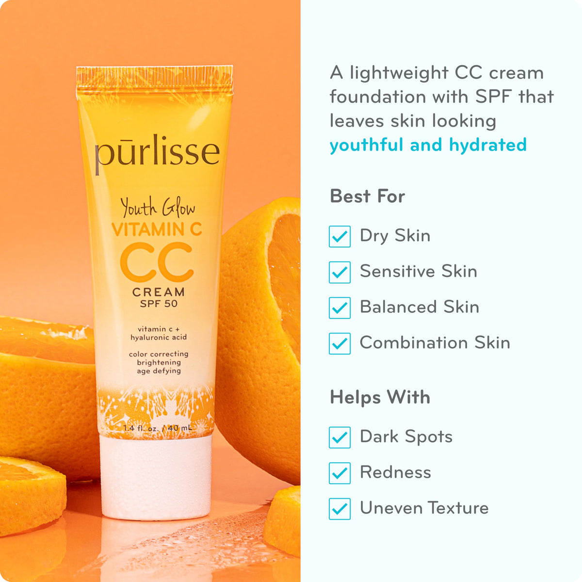 purlisse Youth Glow CC Cream bottle with swatch showing sheer buildable coverage.