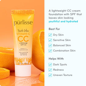 purlisse Youth Glow CC Cream bottle with swatch showing sheer buildable coverage.