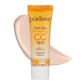 purlisse Youth Glow Vitamin C CC Cream SPF 50 tube close-up for radiant, even skin.
