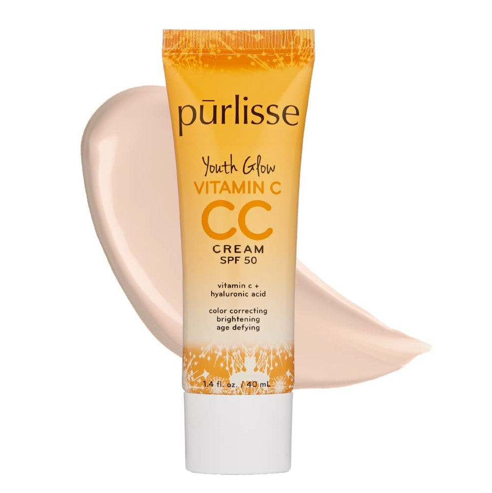 purlisse Youth Glow Vitamin C CC Cream SPF 50 tube close-up for radiant, even skin.