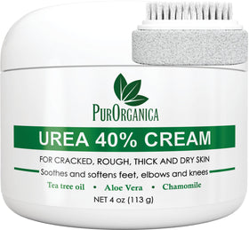PurOrganica Urea 40% Foot Cream bottle, showcasing USA-made formula for dry feet.