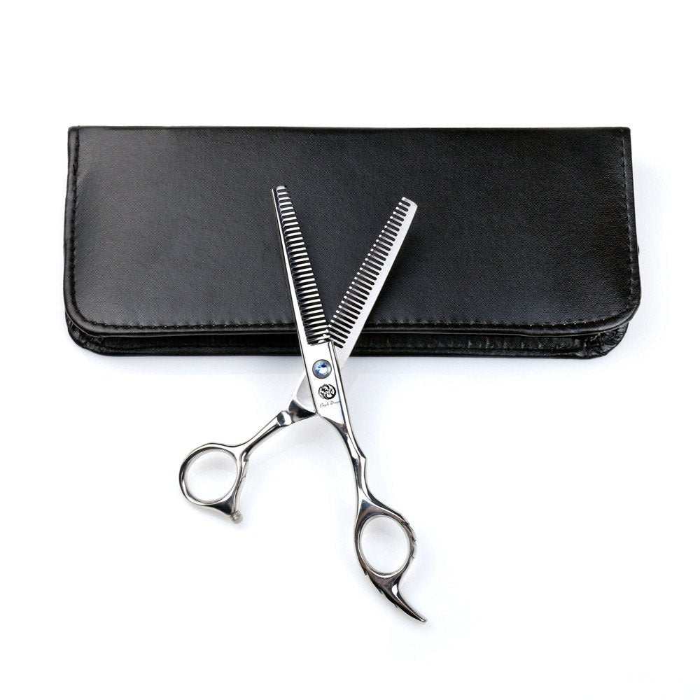 Purple Dragon Professional 6-inch double-teeth barber scissors close-up blade for precise, clean cuts.