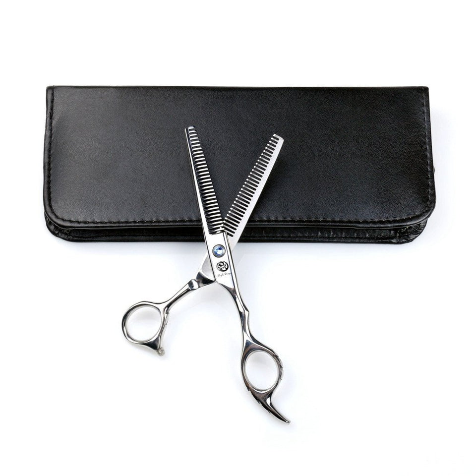 Purple Dragon Professional 6-inch double-teeth barber scissors close-up blade for precise, clean cuts.