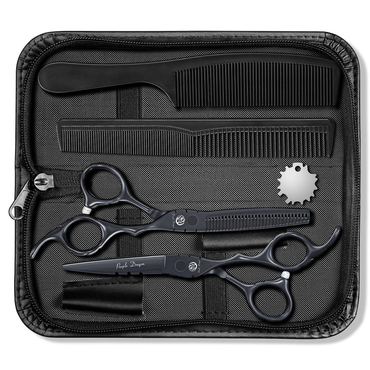 Purple Dragon professional Japan 440C cutting shear black with razor edge for precise haircuts.