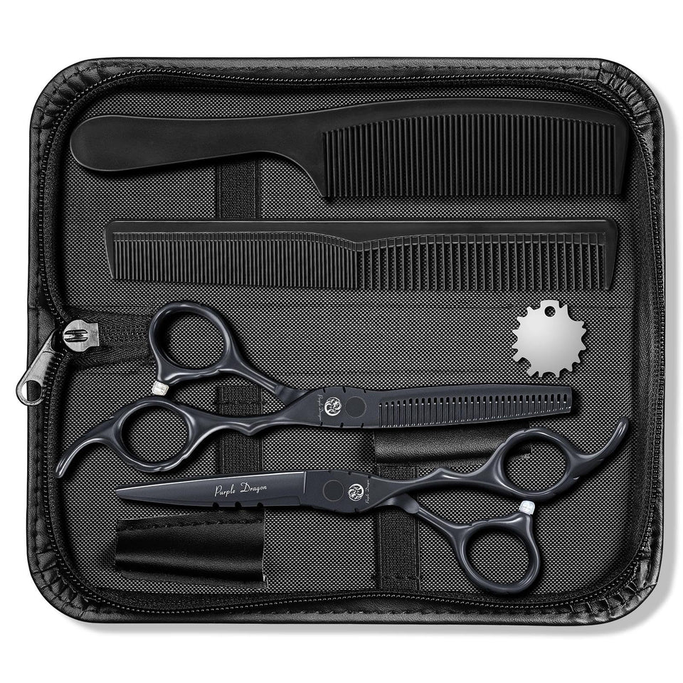 Purple Dragon professional Japan 440C cutting shear black with razor edge for precise haircuts.