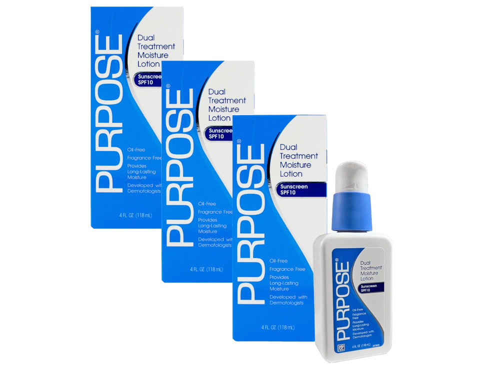 Purpose Dual Treatment Moisture Lotion SPF 10 bottle front for daily hydration and sun protection.