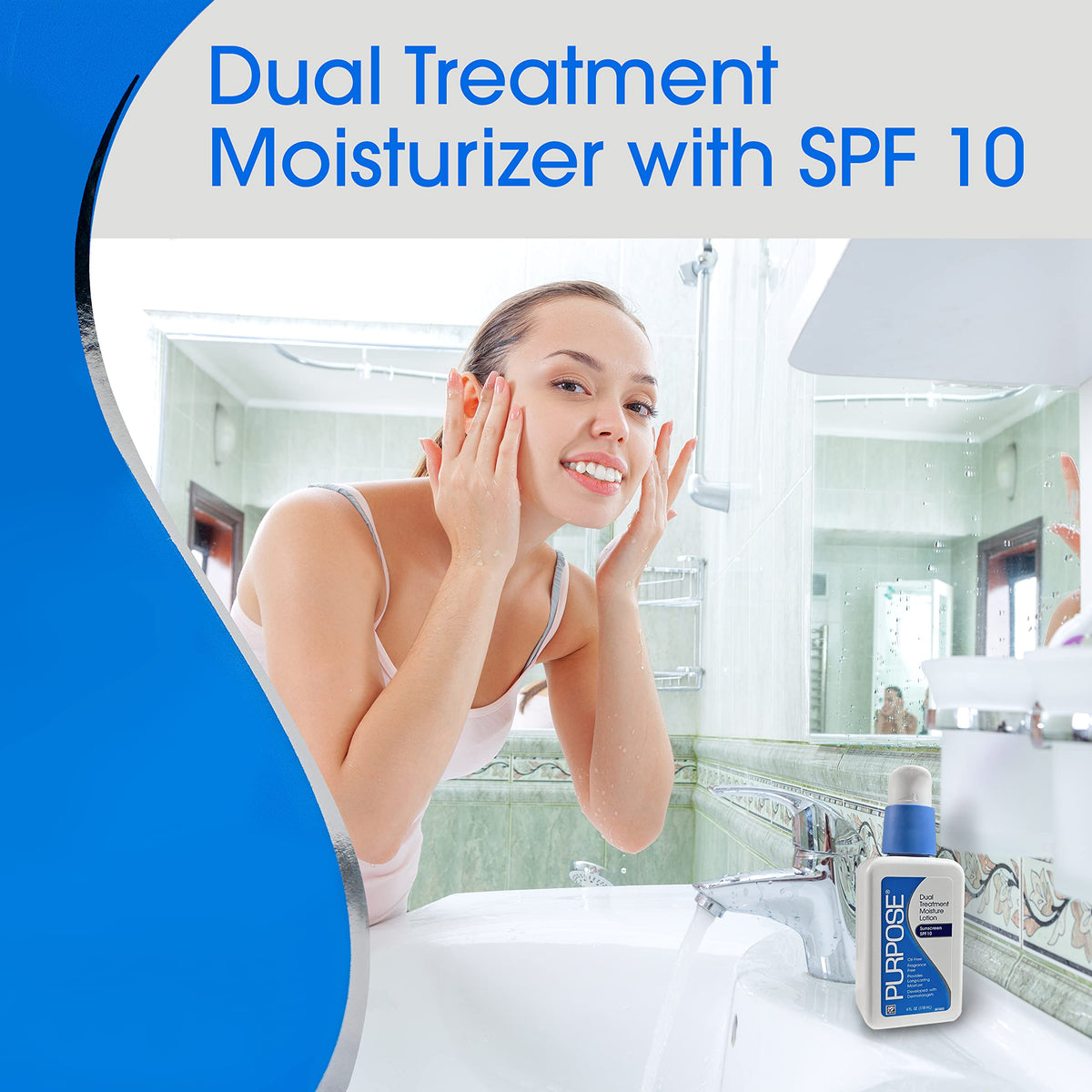 Fragrance-free bottle of Purpose Dual Treatment Moisture Lotion SPF 10 on shelf.
