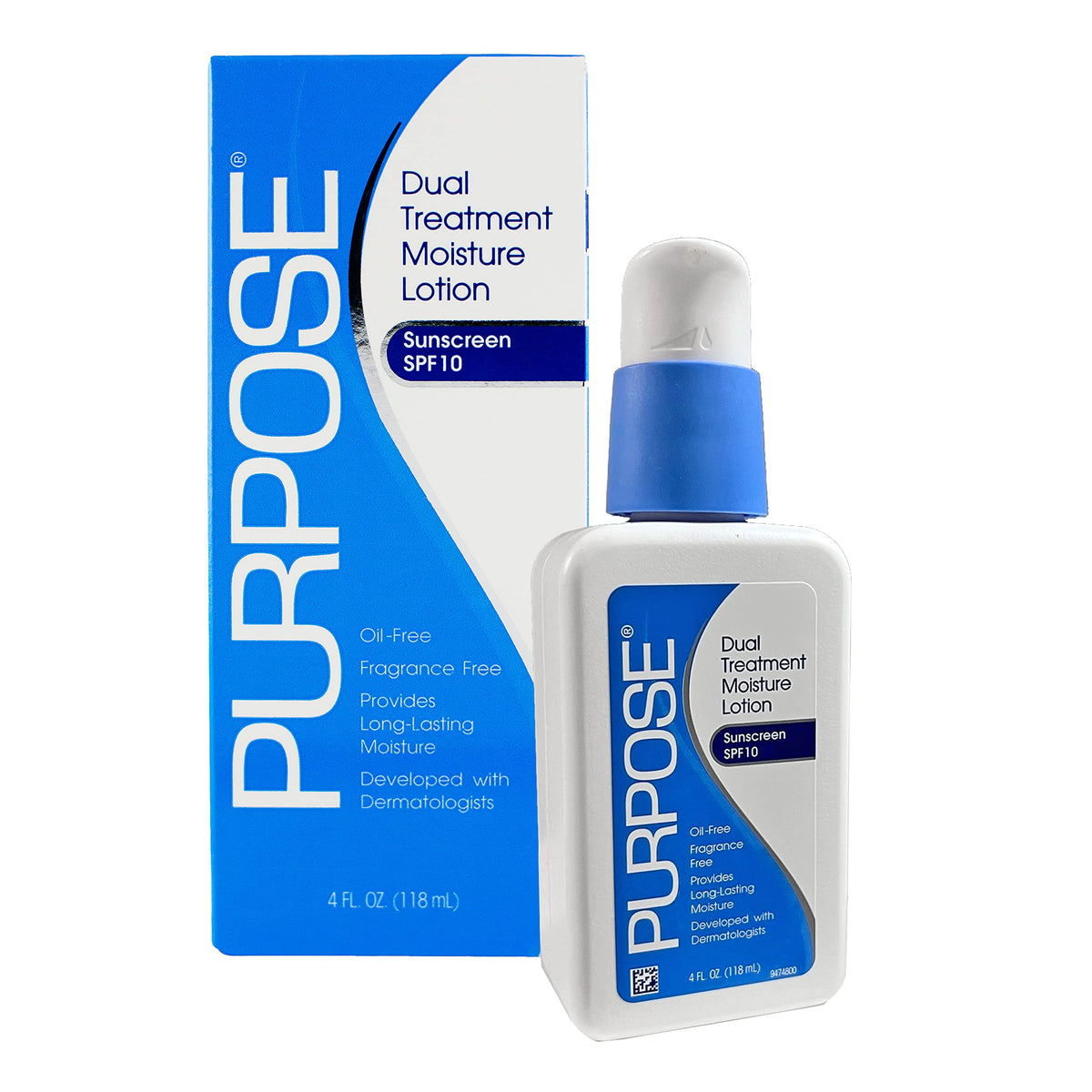 Purpose Dual Treatment Moisture Lotion SPF 10 pump dispenser shows easy application.