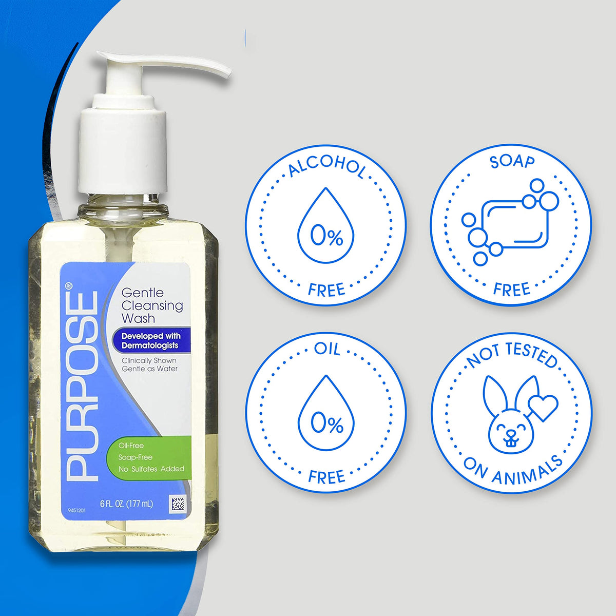 Purpose Gentle Cleansing Wash gentle formula sign for sensitive skin.