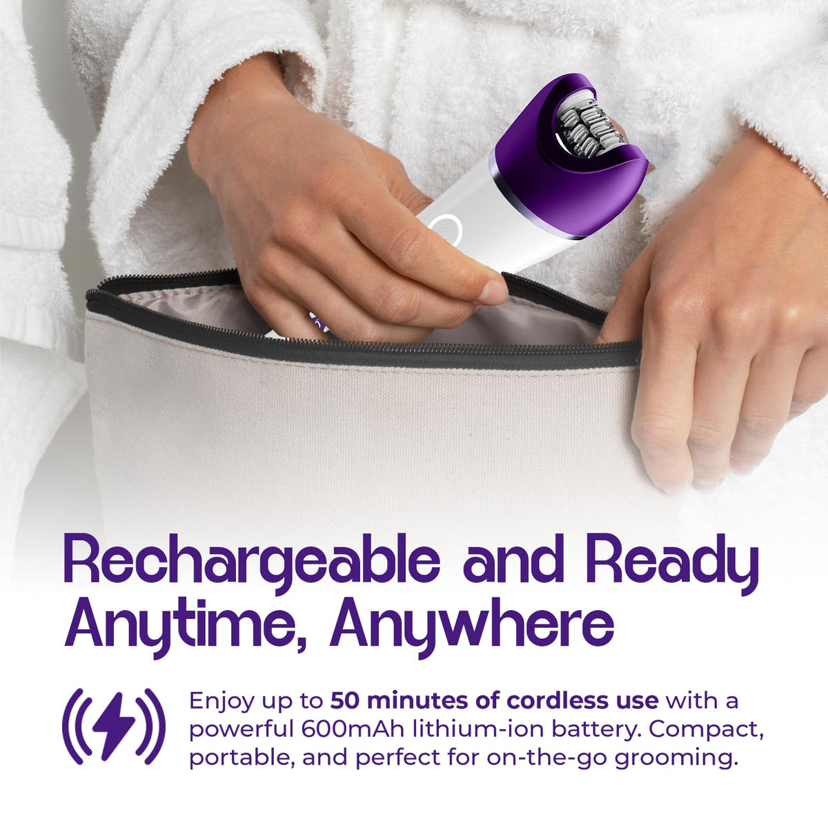 Pursonic cordless-battery shot emphasizes up to 50 minutes of runtime.