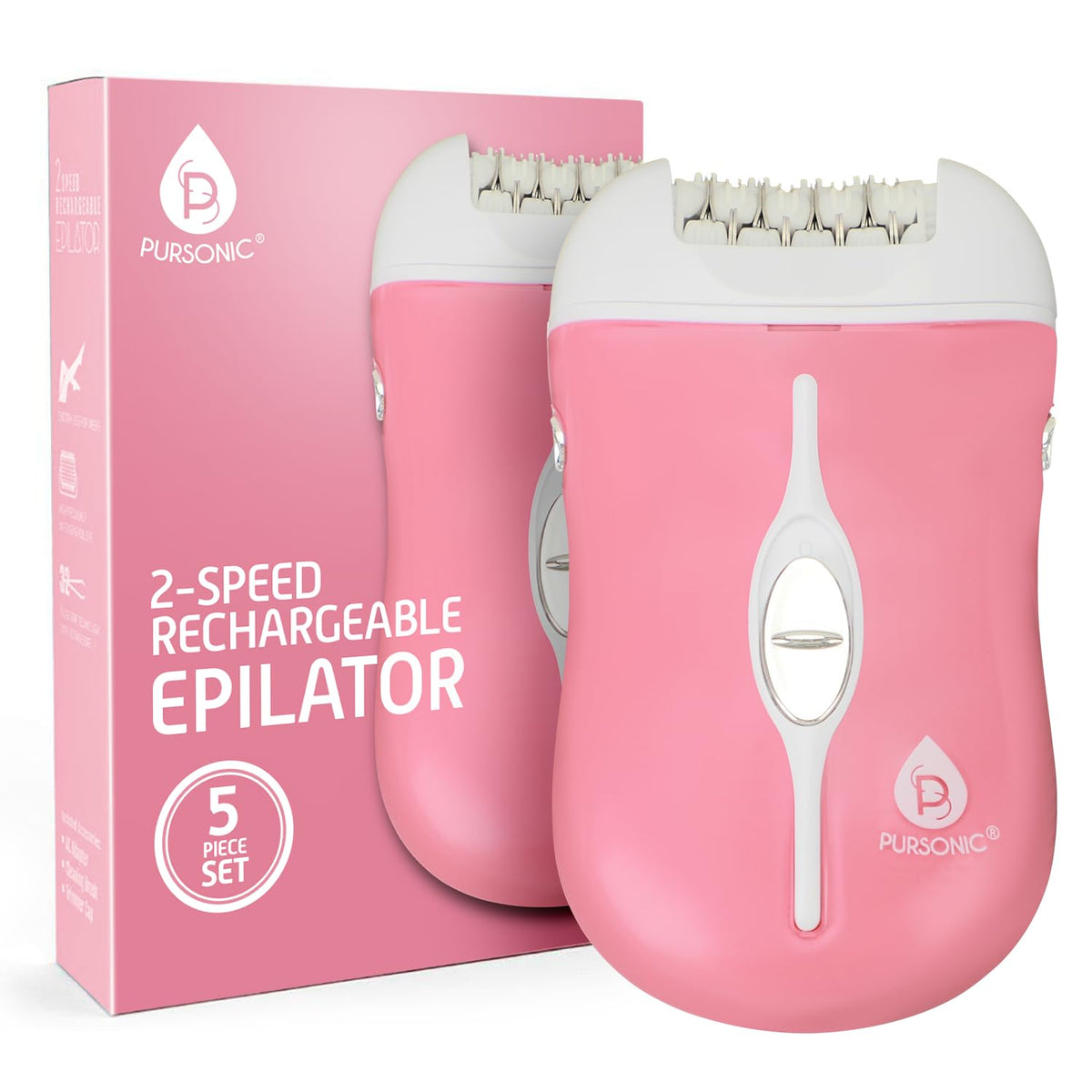 Pursonic FE120P cordless epilator close-up showing 40 tweezers for precision