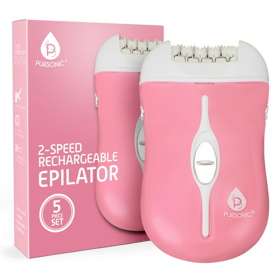Pursonic FE120P cordless epilator close-up showing 40 tweezers for precision