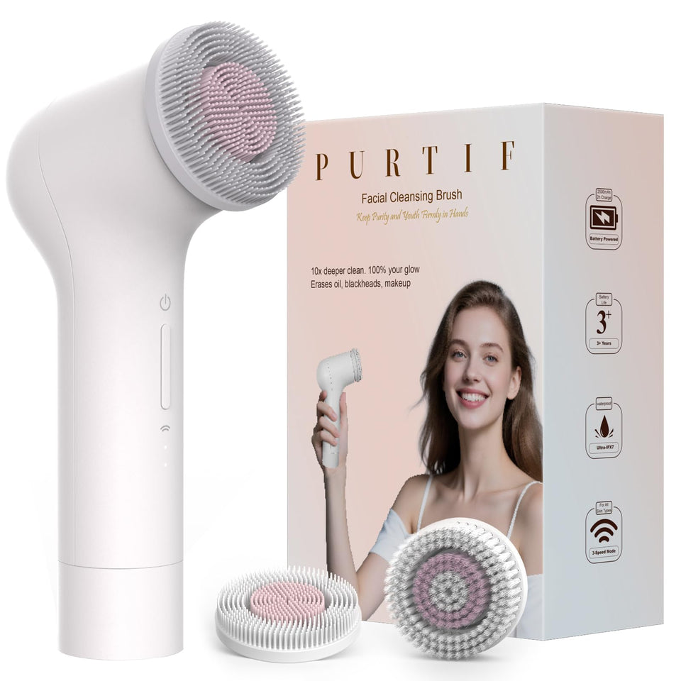 PURTIF electric facial cleansing brush close-up showing the dual-head design for deep cleansing.