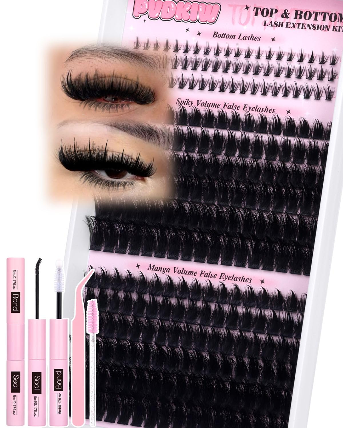 PVDKIW fluffy lash clusters kit delivers professional-looking upper and bottom lashes at home.