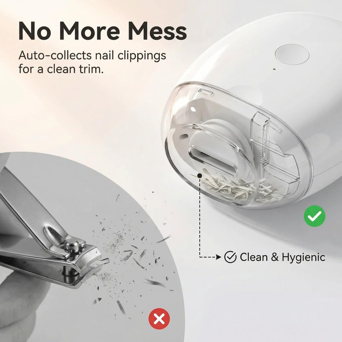 Pyrova portable nail clipper with 360° silent operation for calm trims.