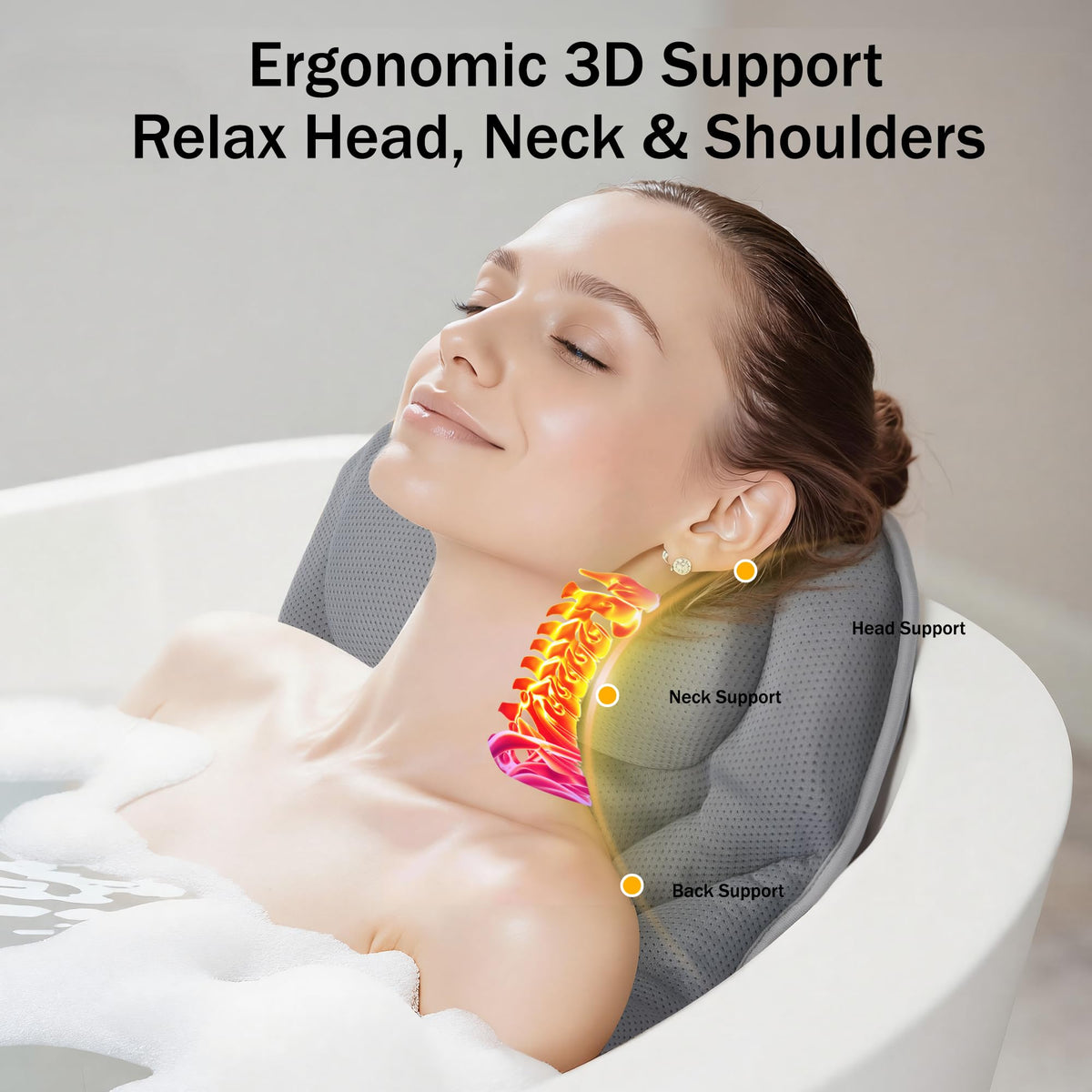 PYRRHIC Bath Pillow features 72 suction cups for secure placement.