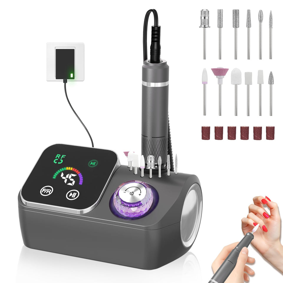 PYVOLA nail drill delivers 45,000 RPM power for quick acrylic and gel removal.