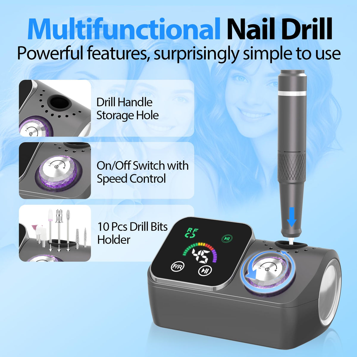 PYVOLA nail drill LCD display helps you monitor speed and direction precisely.