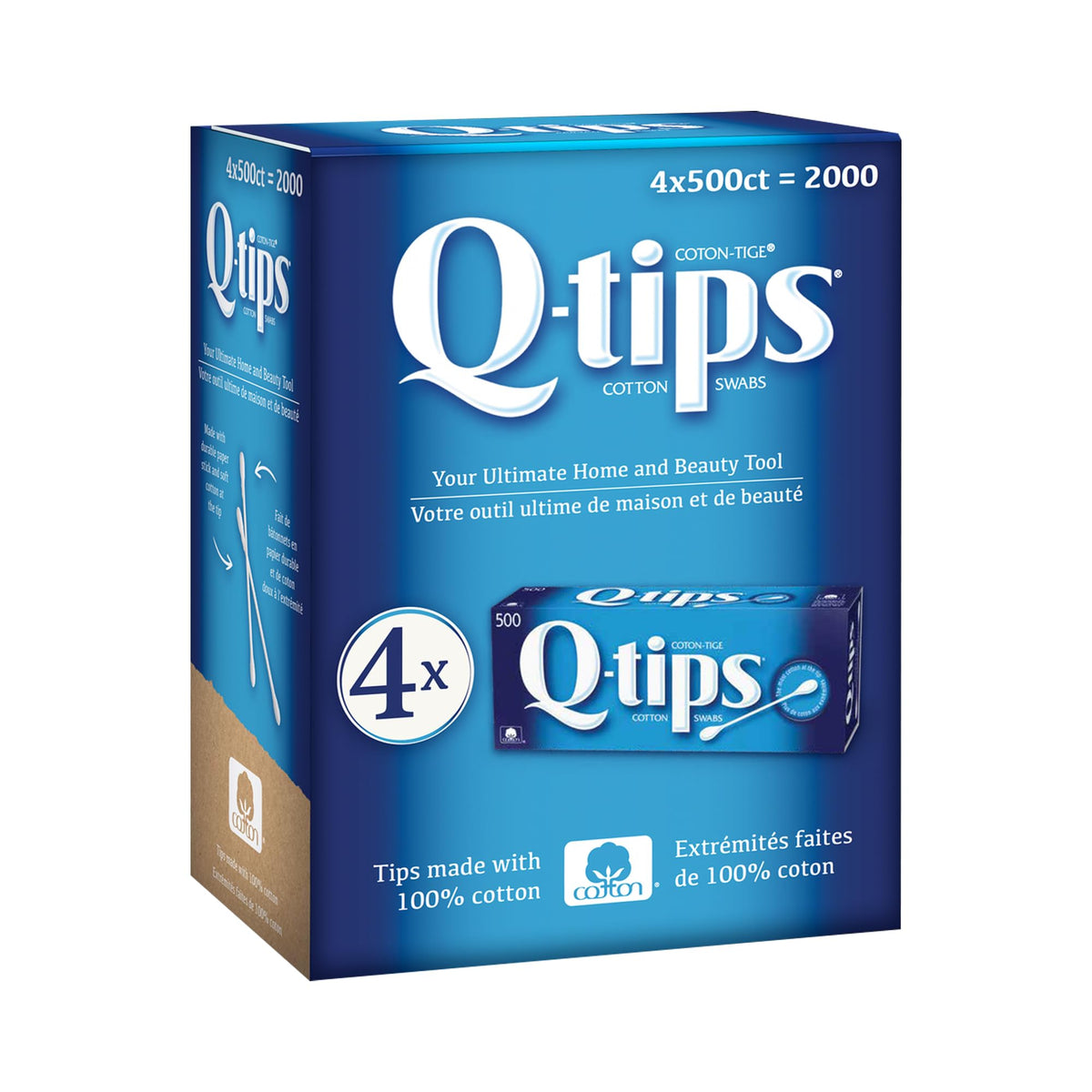 Q-tips Cotton Swabs pack front with four boxes of 500 for everyday use