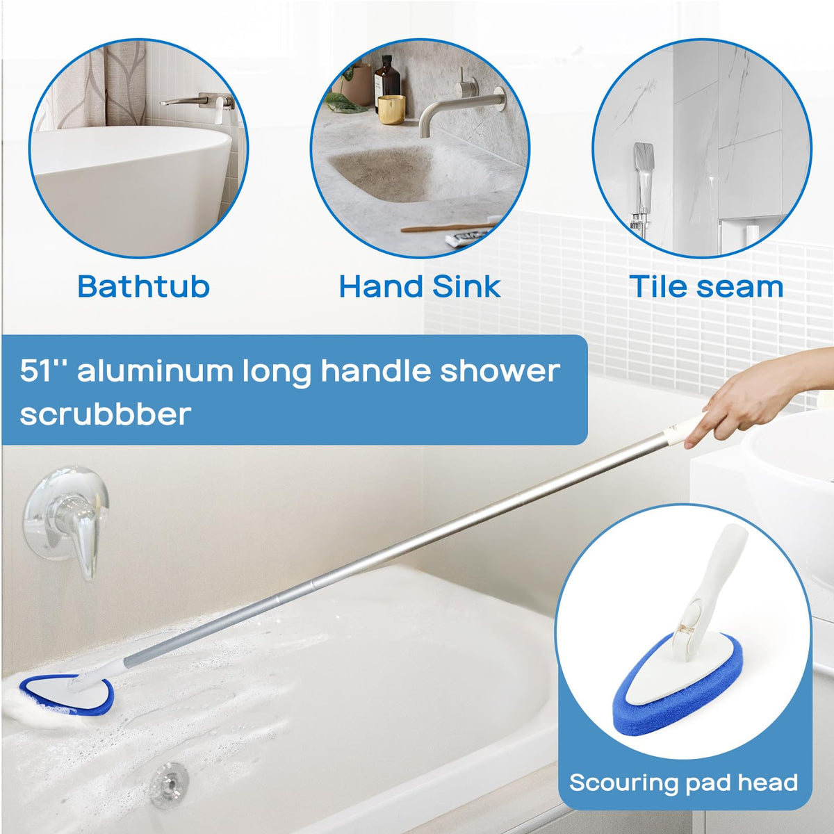 Qaestfy shower scrubber with a rotatable head for flexible cleaning angles.