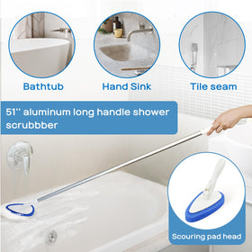 Qaestfy shower scrubber with a rotatable head for flexible cleaning angles.