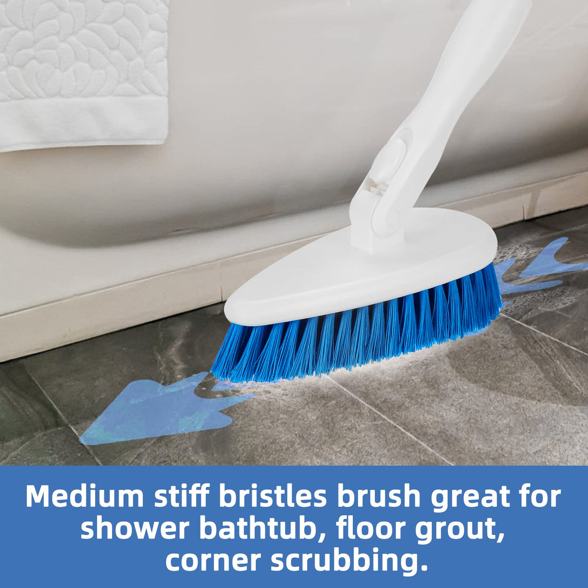 Qaestfy tile and grout cleaning with a long-reach shower scrubber.