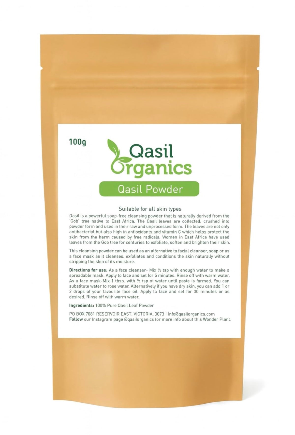 Qasil Organics pure Qasil leaf powder for gentle cleansing and clearer pores