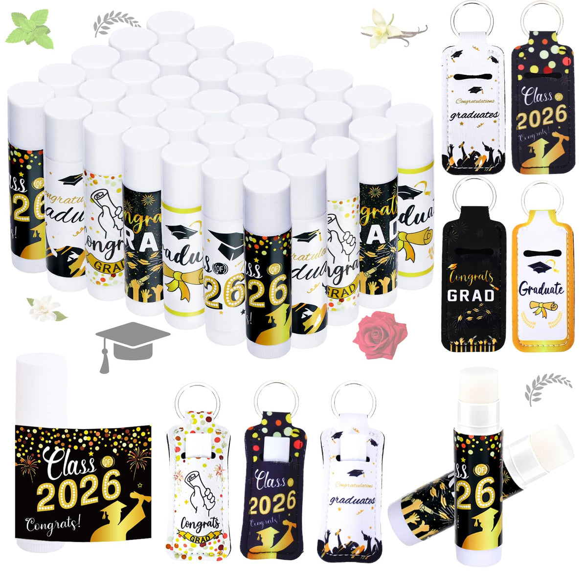 QAUYETM 36-pcs graduation lip balms set ready for gifts and class favors.